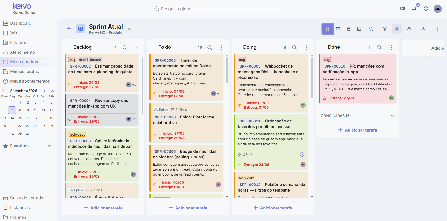 Demo da Kervo — quadro Kanban com colunas A Fazer, Em Progresso e Concluído