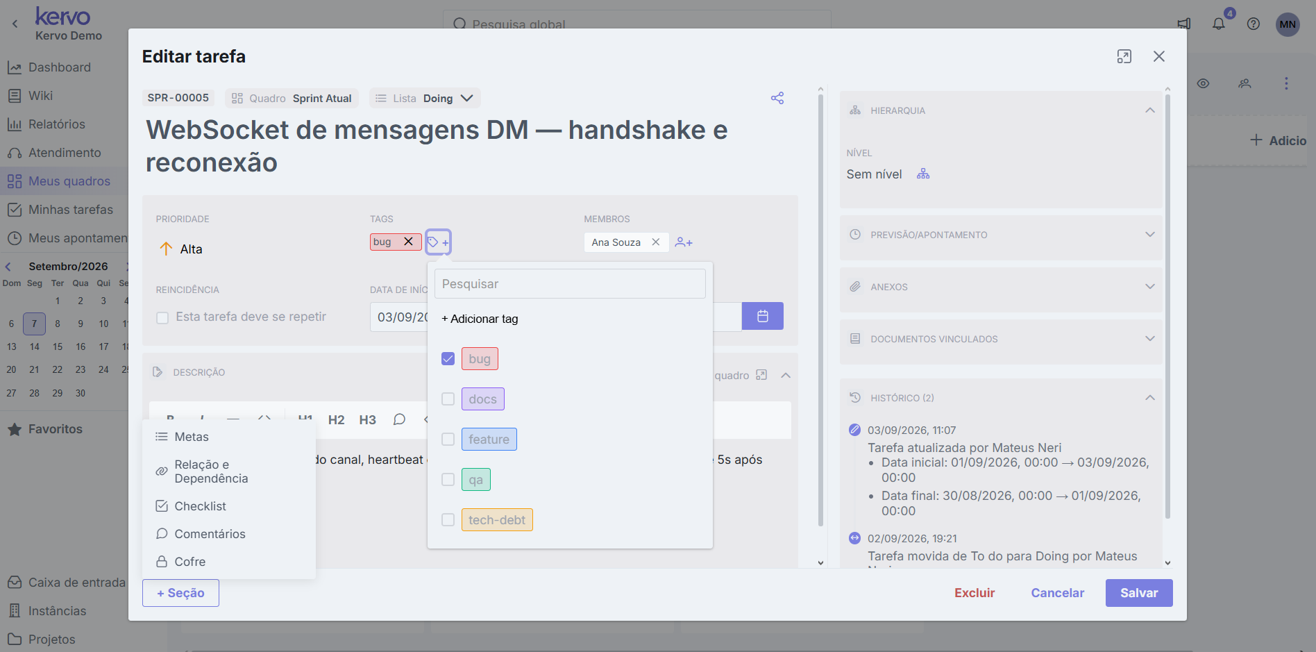 Modal de edição de tarefa da Kervo com prioridade, tags, membros, campos customizados e histórico de alterações